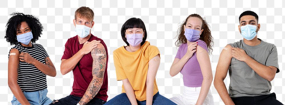 Png Vaccinated diverse people mockup presenting shoulder