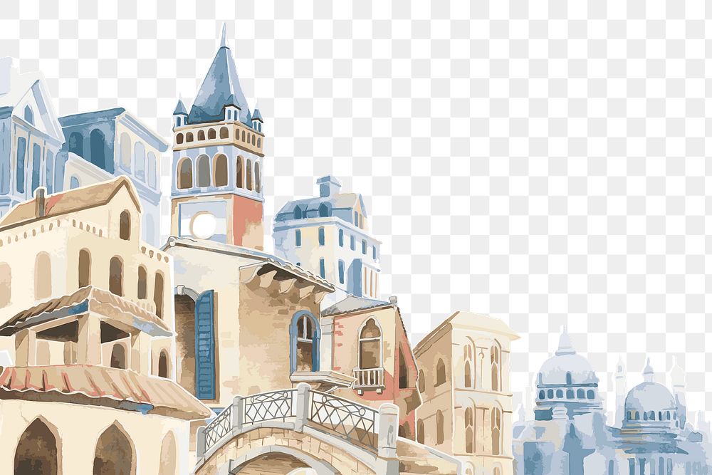 Png Mediterranean architecture border in watercolor on transparent background