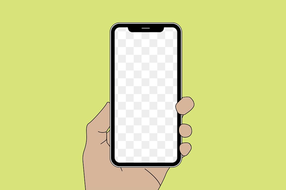 Phone png transparent screen mockup, held by hand,  digital device illustration