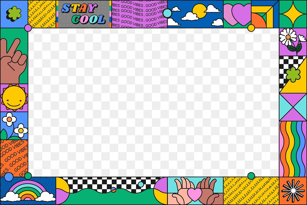 Funky png frame, cool colorful border, transparent background