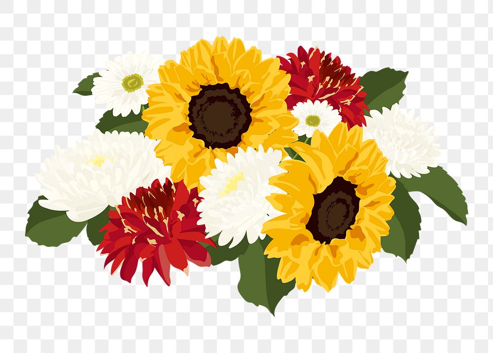 Aesthetic flower png arrangement clipart, sunflower and chrysanthemum on transparent background