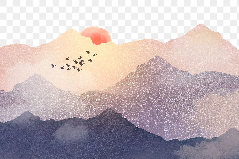 Landscape sunset png, transparent background, mountain watercolor design