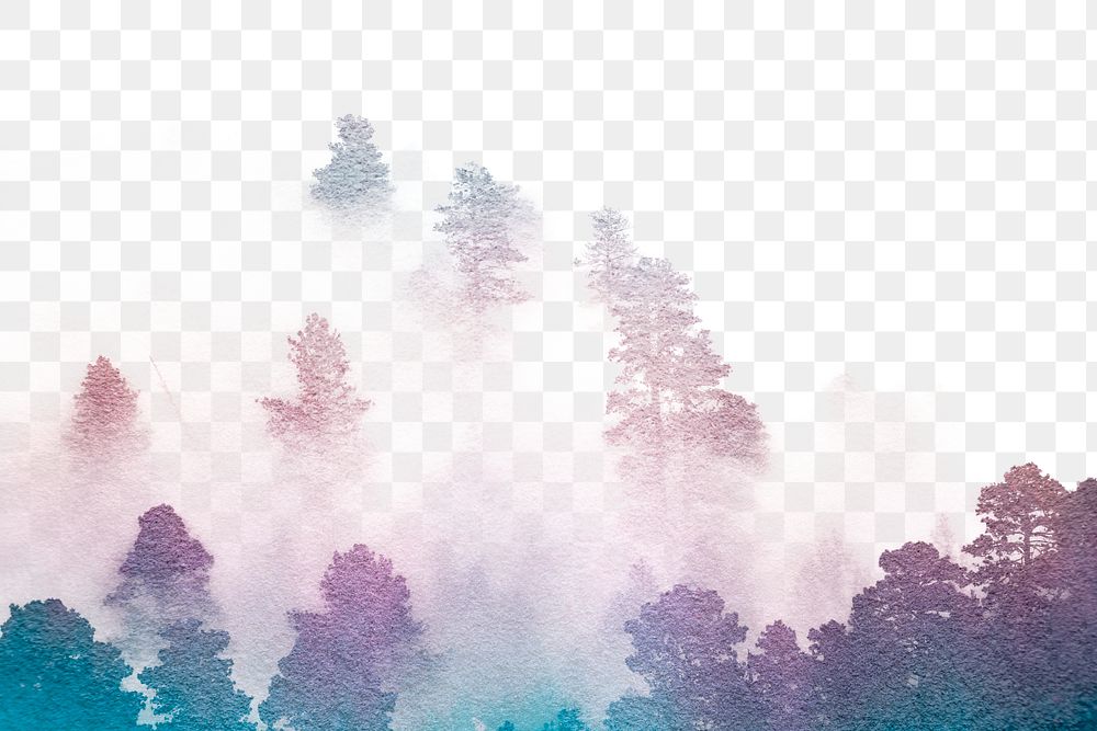 Purple forest png, transparent background, foggy nature watercolor design