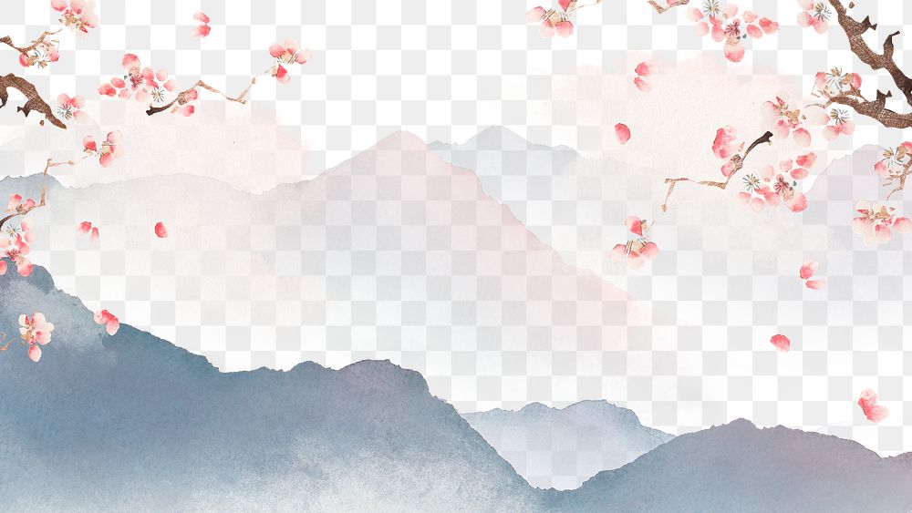 Japanese floral png, transparent background, watercolor mountain landscape illustration