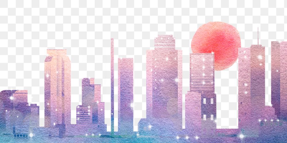 City sunset png border, transparent background, watercolor aesthetic design