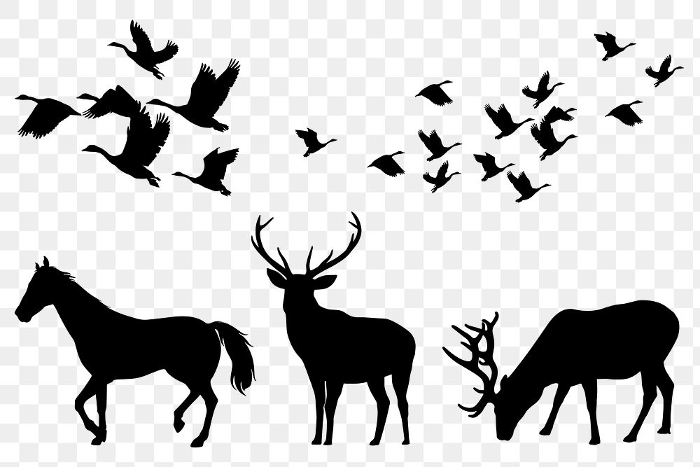 Wild animals png silhouette sticker, black illustration set on transparent background