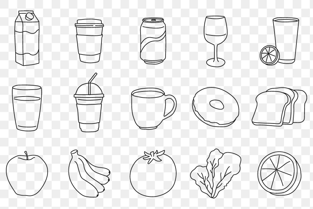 Food, beverages png sticker, line art design set on transparent background