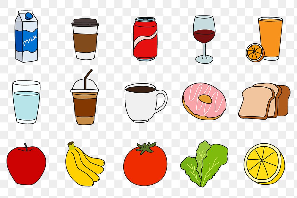 Food, beverages png sticker, colorful doodle set on transparent background