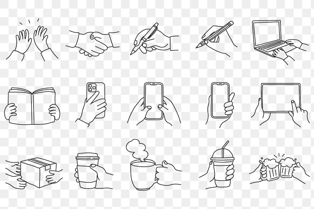 Png hobbies, activities hand sticker, gesture doodle line art set on transparent background