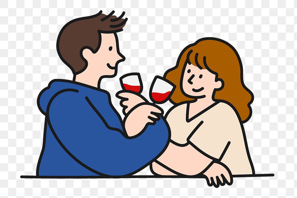 Png couple drinking wine sticker, Valentine's celebration character doodle on transparent background