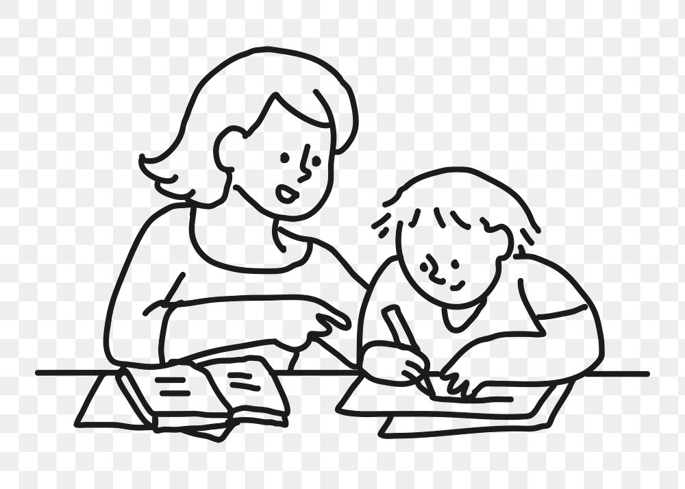 Mother & son png sticker, doing homework, transparent background