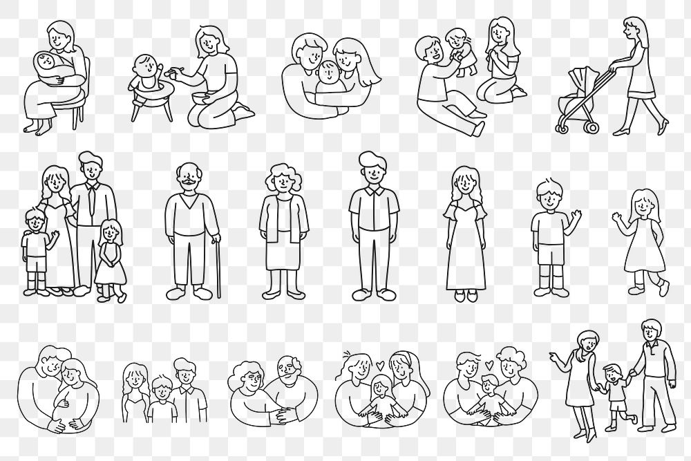 Family members png doodle sticker set, loving and caring, transparent background