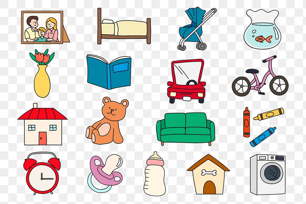 Png home decor objects stickers set, cartoon illustration, transparent background