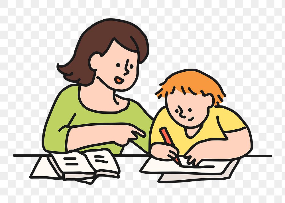 Mother & son png sticker, doing homework transparent background