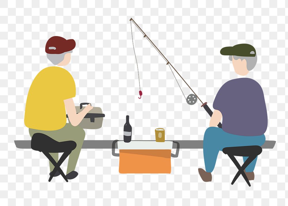 Old men fishing png clipart, hobby cartoon illustration