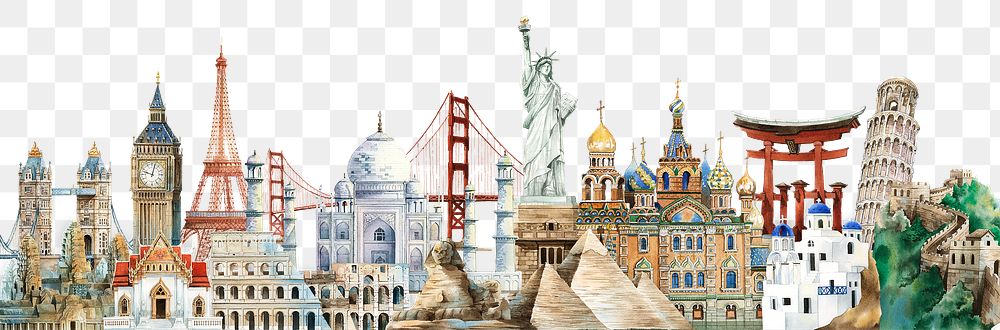Watercolor travel landmarks png border, travel illustrations, transparent background