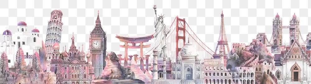 Travel aesthetic png border, watercolor landmarks illustration, transparent background