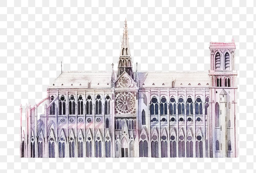 Watercolor Notre-Dame Cathedral png, Paris medieval architecture, transparent background