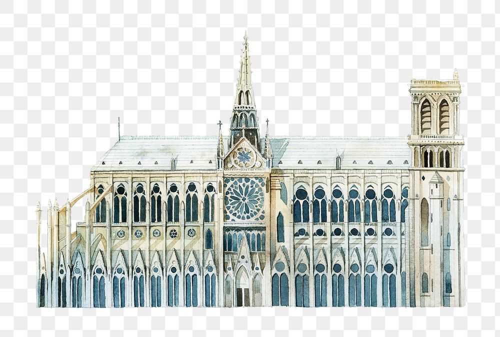 Watercolor Notre-Dame Cathedral png, Paris medieval architecture, transparent background