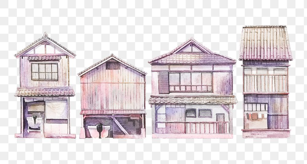 Old Japanese neighborhood png watercolor illustration, transparent background