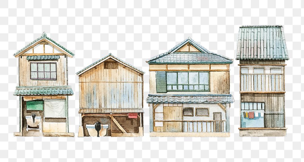 Old Japanese neighborhood png watercolor illustration, transparent background