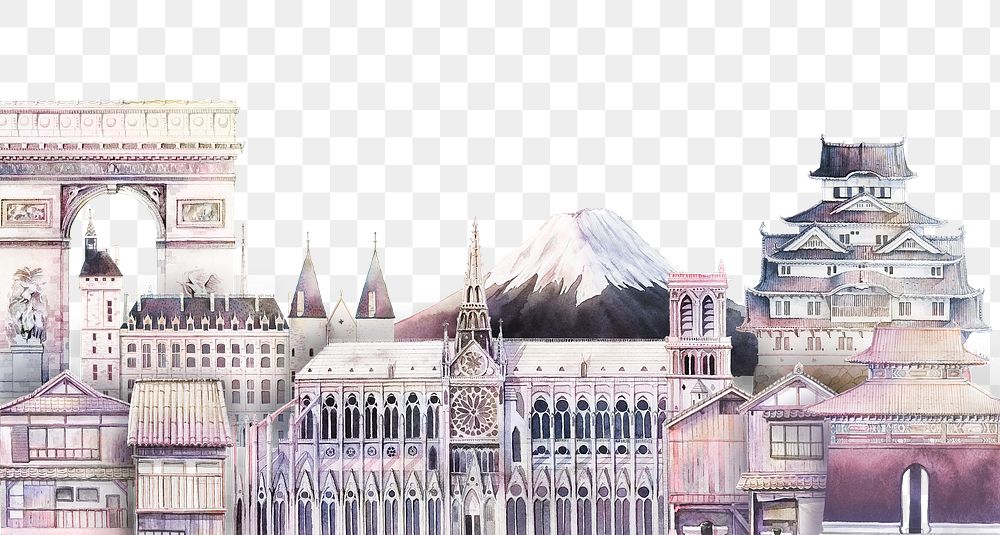 Historical landmarks png transparent background, watercolor aesthetic