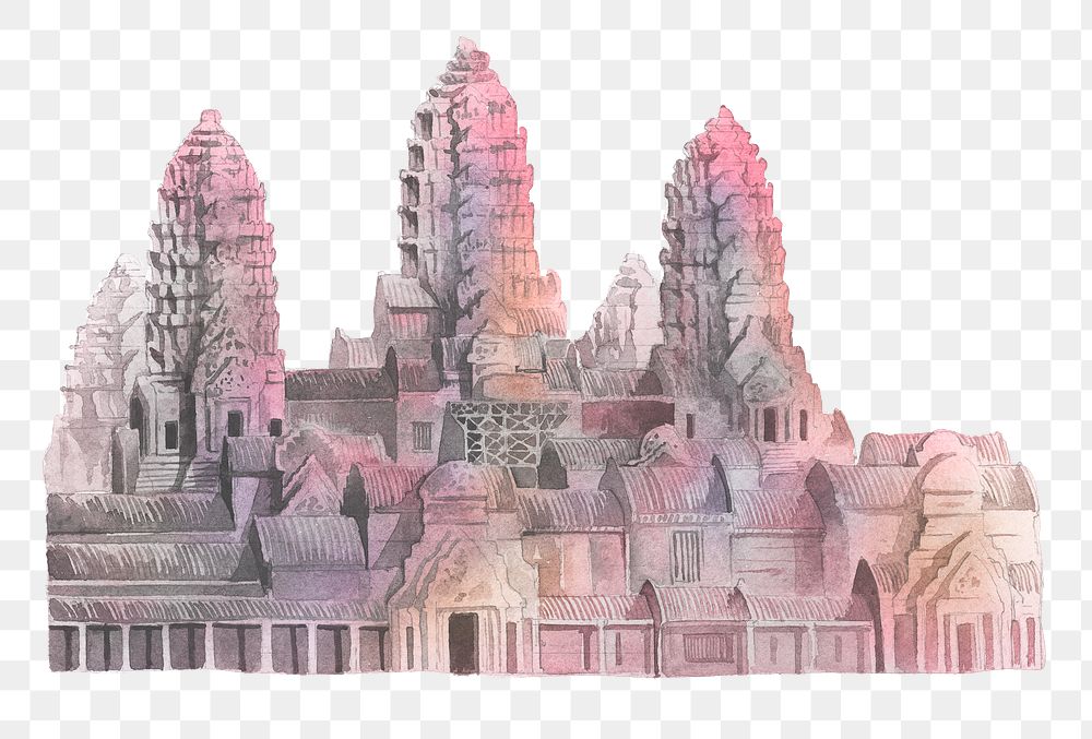 Angkor Wat png watercolor illustration, Buddhist temple in Cambodia, transparent background