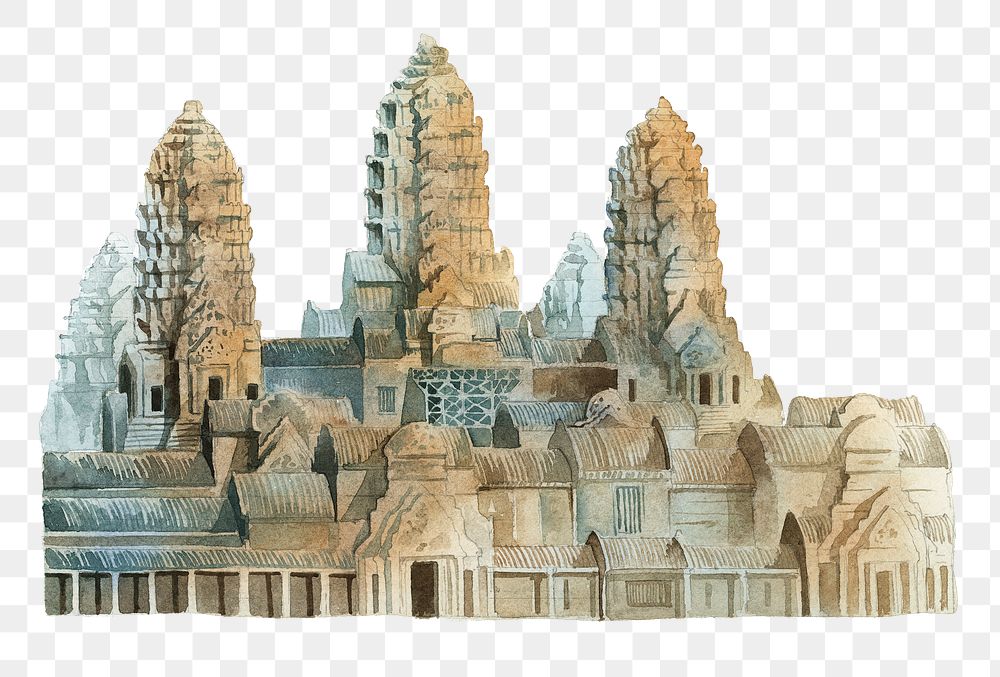 Angkor Wat png watercolor illustration, Buddhist temple in Cambodia, transparent background