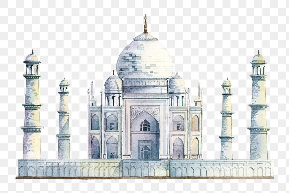 Taj Mahal png watercolor sticker, architecture illustration, transparent background