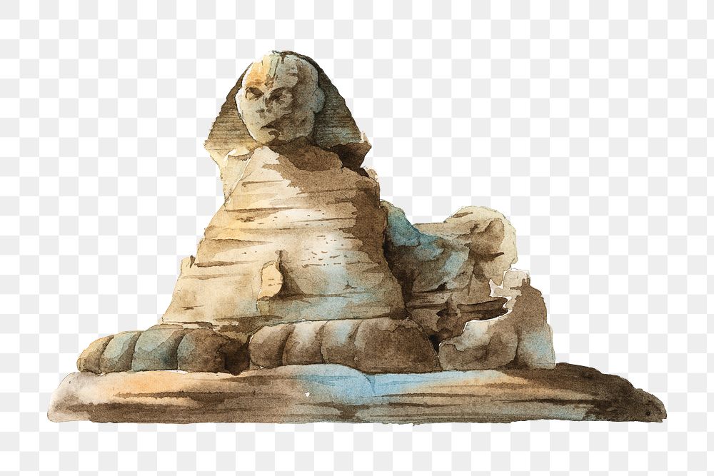 Watercolor Great Sphinx png of Giza, Egypt monument illustration, transparent background