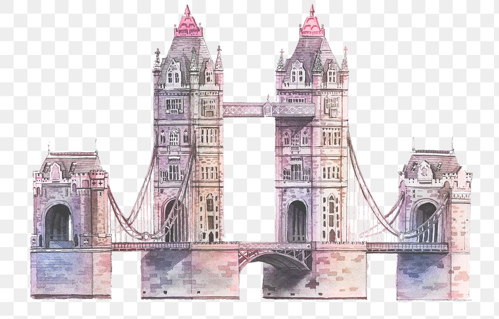 Watercolor Tower Bridge png illustration, London's famous architecture, transparent background