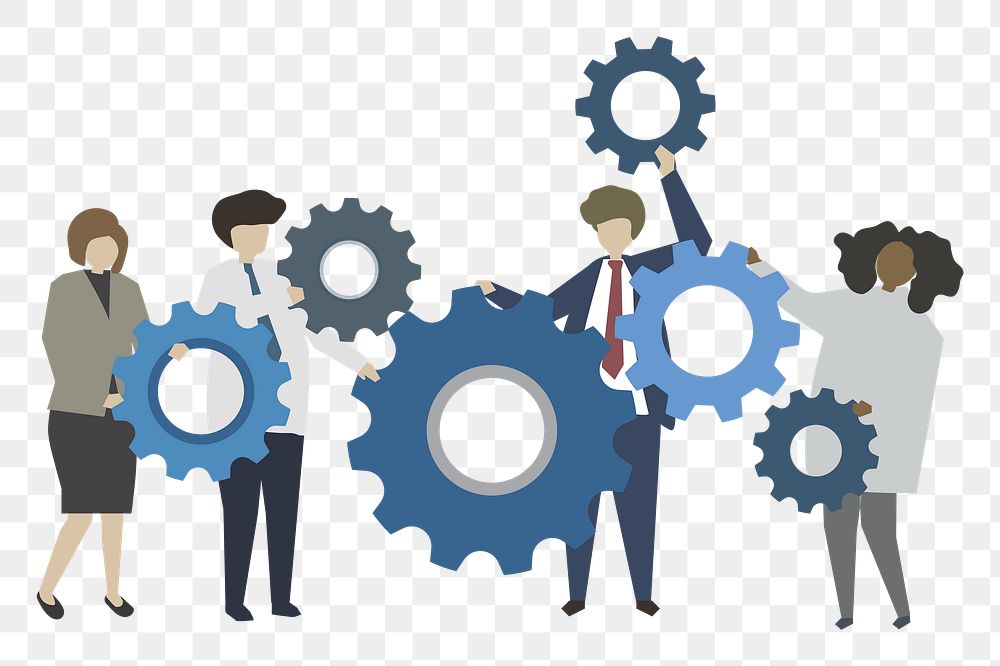 People teamwork illustration png, people and gears design characters transparent background