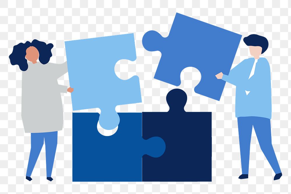 People teamwork illustration png, connecting jigsaw flat design characters transparent background