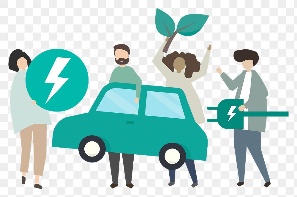 People using electric car png clipart, environmental friendly cartoon character illustration png on transparent background