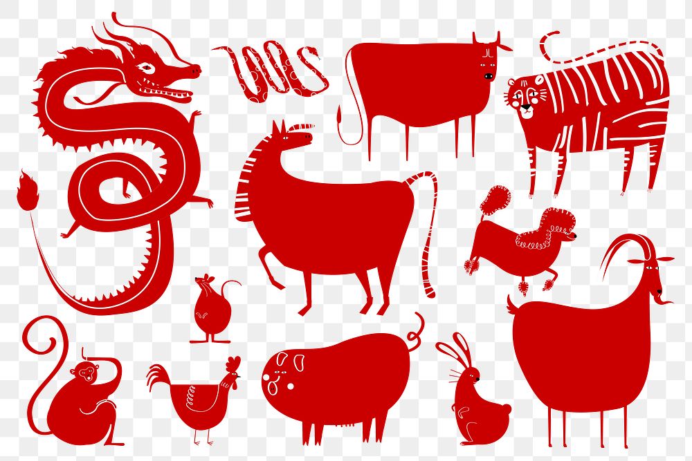 Red Chinese zodiac animals png journal sticker set