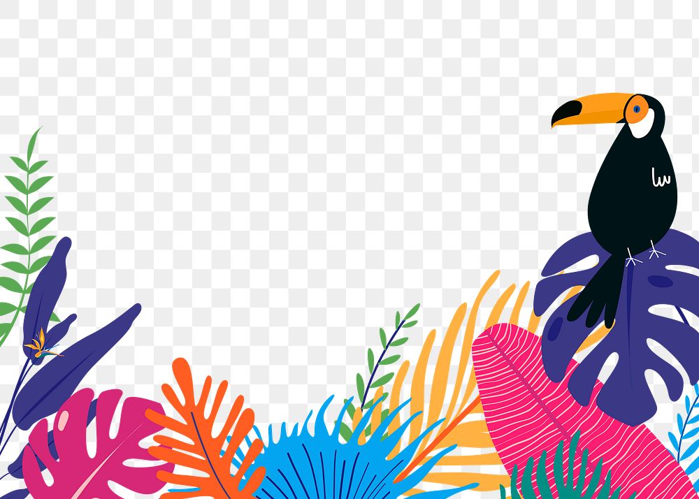 Botanical border frame png, colorful summer aesthetic tropical collage element with toucan, transparent background
