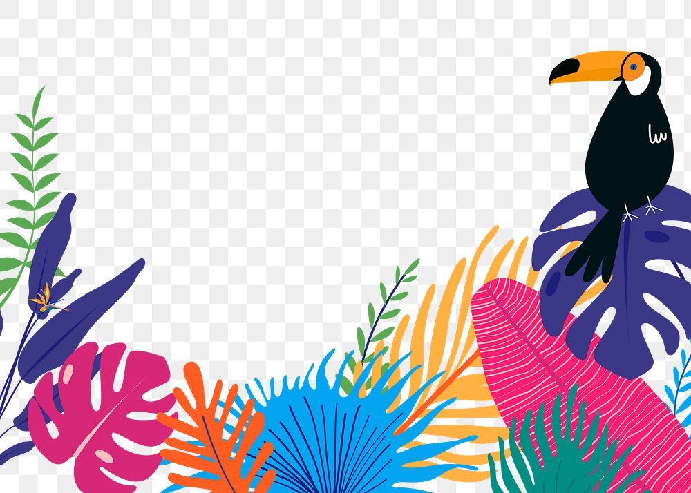 Toucan botanical border png, colorful summer aesthetic tropical background with toucan and flaming, transparent background