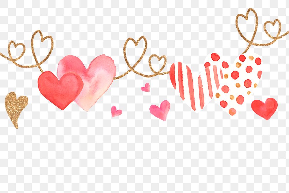 Heart pattern border frame png in watercolor transparent background