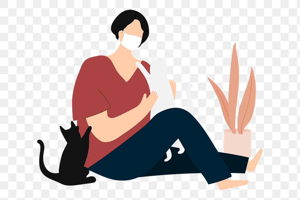 Woman in quarantine playing with her cats transparent png 