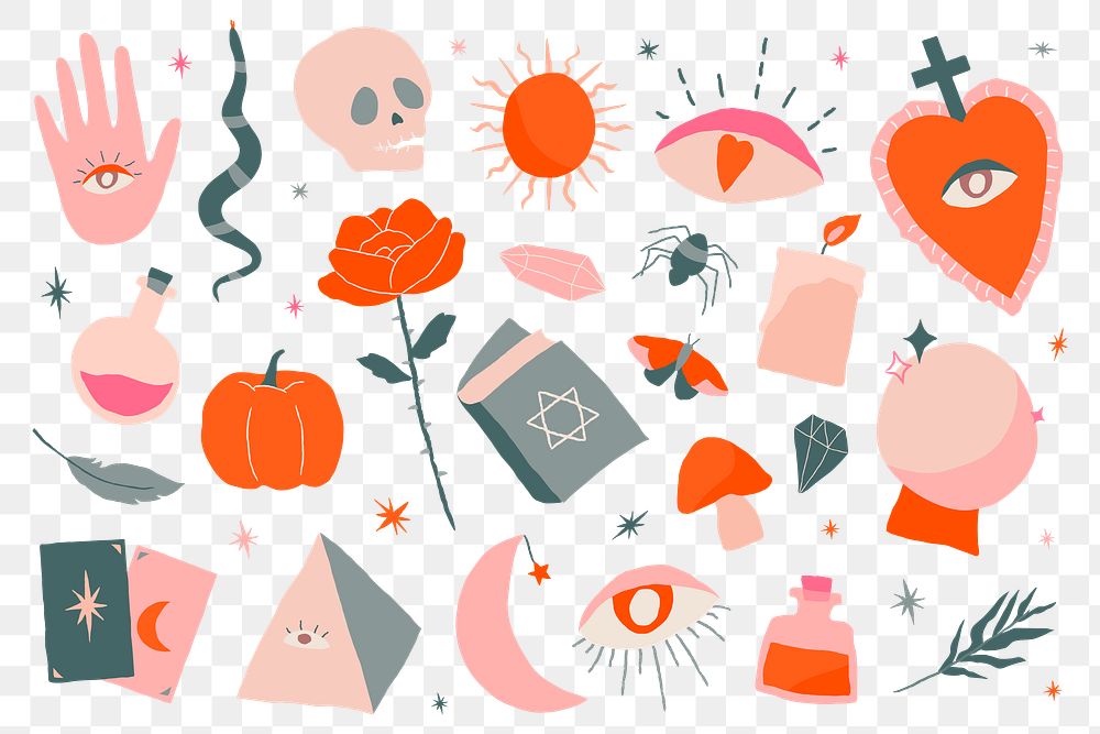 Boho witchcraft Halloween doodle png pattern background