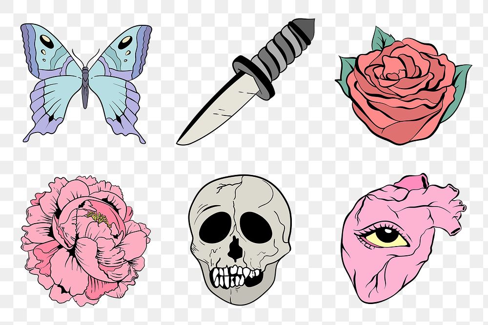 Vintage old school flash tattoo png simple icon set
