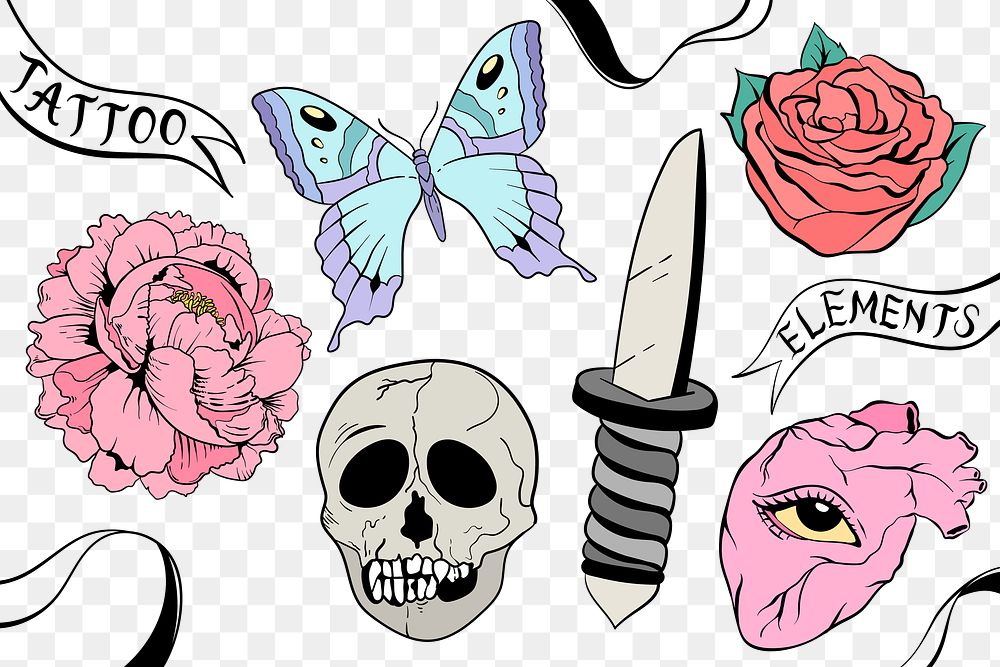 Old school flash tattoo png icon set