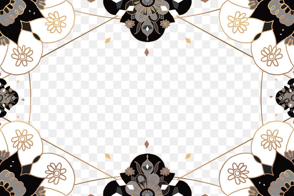 Gold Mandala pattern png frame black botanical Indian style