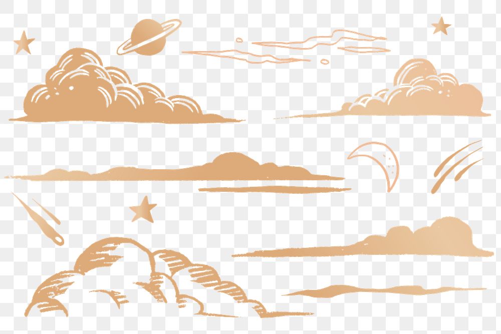 Golden png clouds galactic doodle sticker