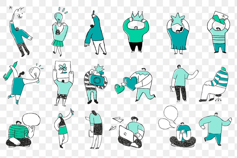 Cute green business png cartoon icons set
