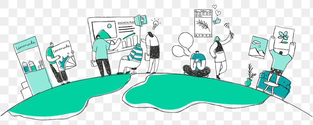Green hand drawn teamwork transparent png with doodle art design