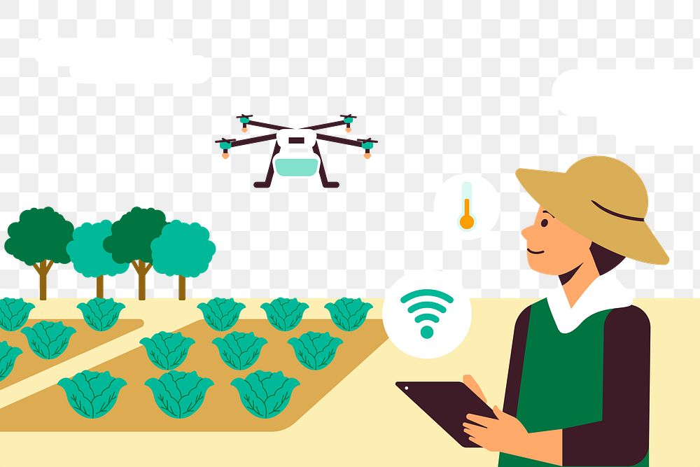 Farmer controlling agricultural drone png with a tablet digital farming