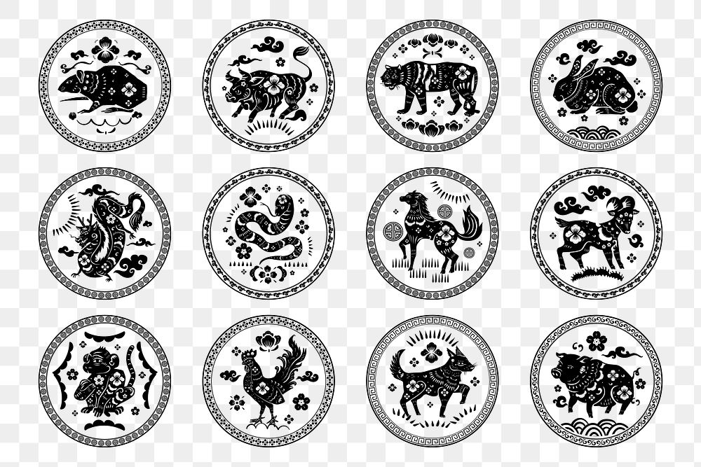 Chinese animal badges png black new year design elements set