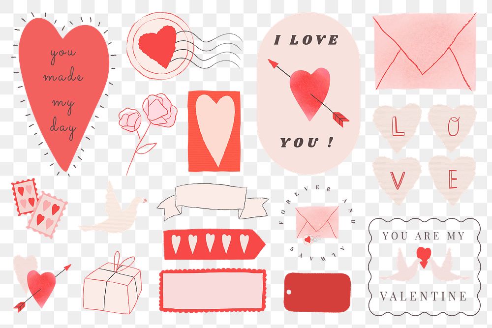 Valentine doodle design elements png transparent set