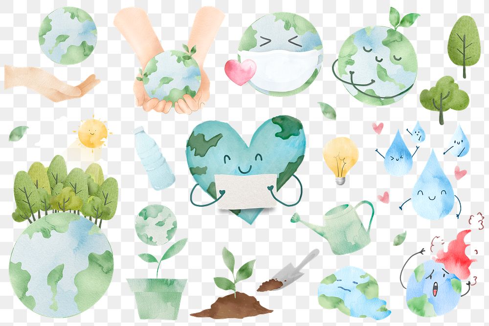 Png save the world in watercolor design element set